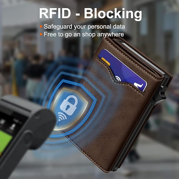 Wallet for Men,with Cash Pocket 2 ID Window 9-13 Cards,Metal Case Smart Slim Pop Up Credit Card Holder Flip with Magnetic Closure RFID Blocking Trifold wallet with Gift Box