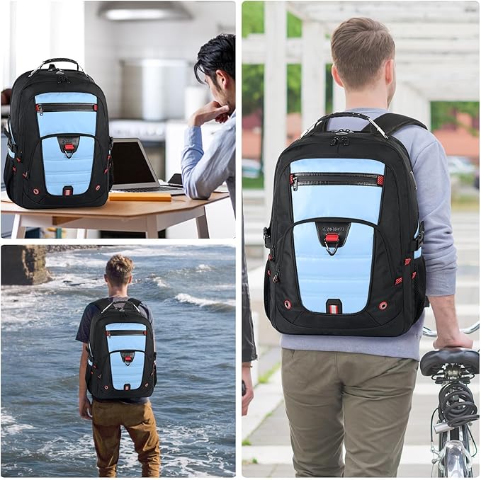 Z-MGKISS Big Backpack for Travel, 52L Large Anti-Theft Computer Backpack for Women Men, Heavy Duty Laptop Bag 17.3 Inch with USB Port, College Business Work Daypack, Lake Blue