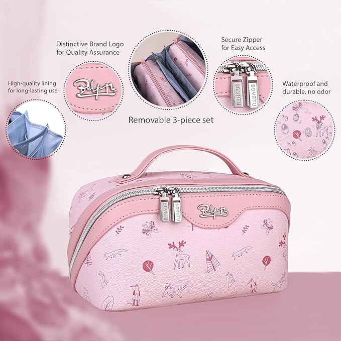 BOYATU Travel Makeup Bag Cosmetic Bags for Women: 3 Pcs Set Portable Make up Bag with Handle - Vegan Leather Toiletry Bags with Compartments - Makeup Organizer for Travel Essentials(04-Pink)