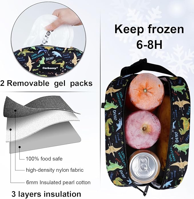 Cerbonny Freezable Cooler Bag for Work/School Travel - Mini Insulated Bag Fit For Yogurt, Suit for 3+(Black Dinosaur)