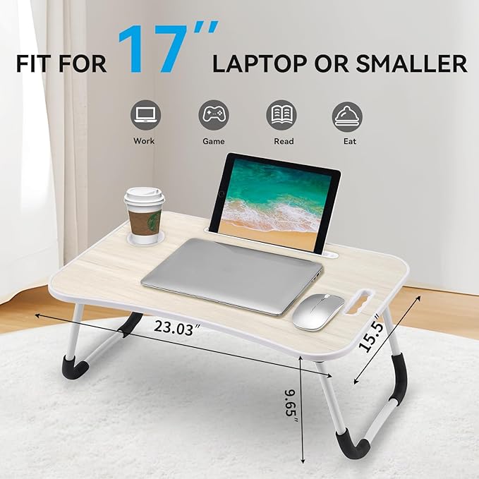 BUYIFY Folding Lap Desk, 23 Inch Portable Wood White Oak Laptop Bed Desk Lap Desk with Cup Holder, for Working Reading Writing, Eating, Watching Movies for Bed Sofa Couch Floor