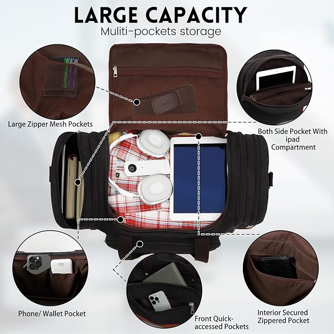 Men'S Duffle Bag For Travel, Expandable Canvas Duffel Bags Overnight Weekend Gym Carry On Luggage Bag For Men(Black)