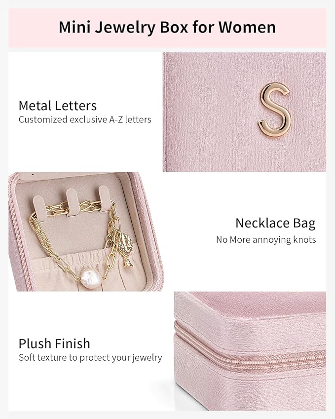 Vlando Wedding Gifts, Travel Jewelry Organizer, Necklace Organizer Earrings Ring Organizer, Travel Christmas Gifts for Women Travel Essentials - Letter S, Pink