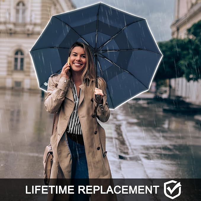 G4Free 42 Inch Eco Windproof Folding Umbrella for Rain & Sun 9 Ribs Wind Resistant Strong Fiberglass Double Canopy with Reflective Strip for Women Men Auto Open Close For Car & Backpack