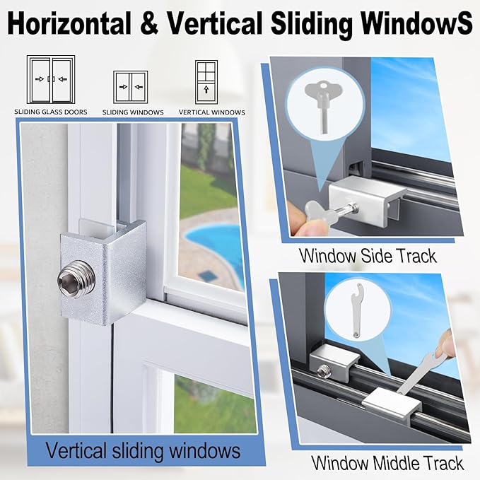 Sliding Window Locks for Up and Down Windows,Easy to Install Vertical & Horizontal Window Security Locks,Adjustable Aluminum Window Stopper Lock (6 Sets)