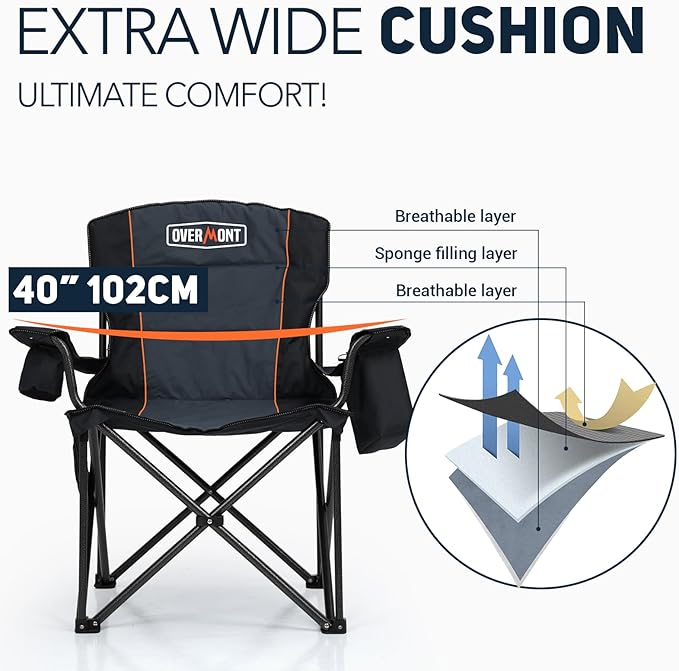Overmont Oversized Folding Camping Chair - 450lbs Support with Padded Cushion Cooler Pockets - Heavy Duty Collapsible Chairs for Sports Garden Beach Fishing