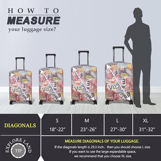 Explore Land Travel Luggage Cover Suitcase Protector Fits 27-30 Inch Case (Retro Pictorial, L)