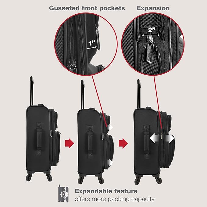 U.S. Traveler Lightweight Rolling 20" Carry On Luggage Softside Suitcase, Black, 4 Wheel