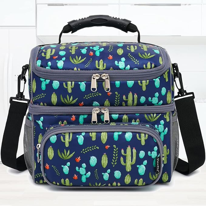 FlowFly Double Layer Cooler Insulated Lunch Bag Adult Lunch Box Large Tote Bag for Men, Women, With Adjustable Strap,Front Pocket and Dual Large Mesh Side Pockets
