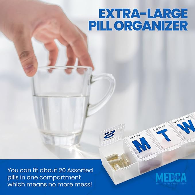 Weekly Pill Organizer - (Pack of 2) Extra Large Vitamin Container with Jumbo Easy to Read Letters, BPA Free - Daily Travel 7 Day Medication Pill Box Case