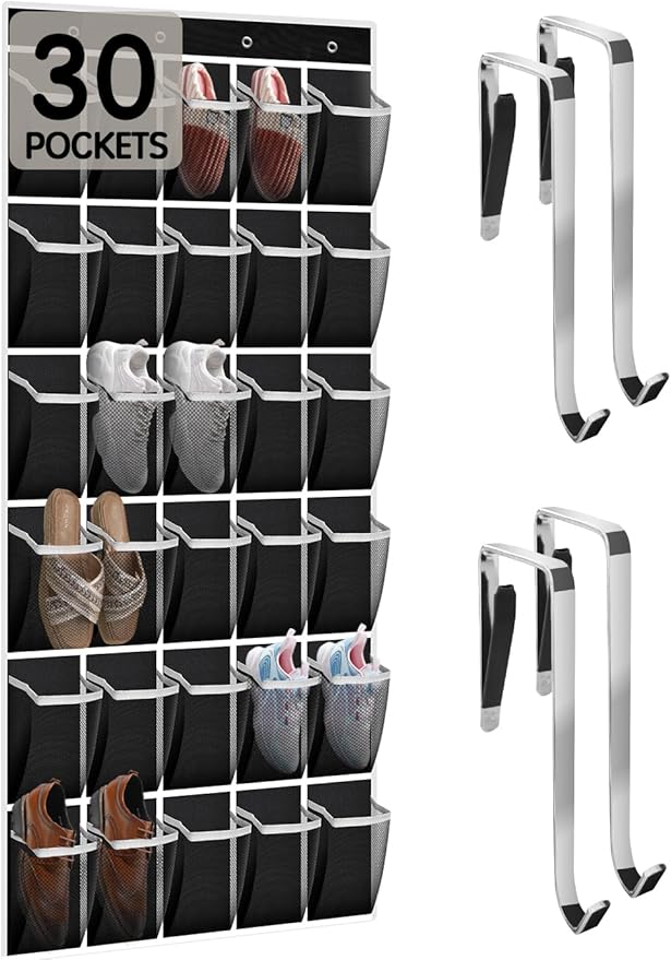 Over the Door Shoe Organizer with 30 Breathable Mesh Pockets - Large Capacity Closet Storage for Men & Women, Hanging Shoe Rack Organizer -Black