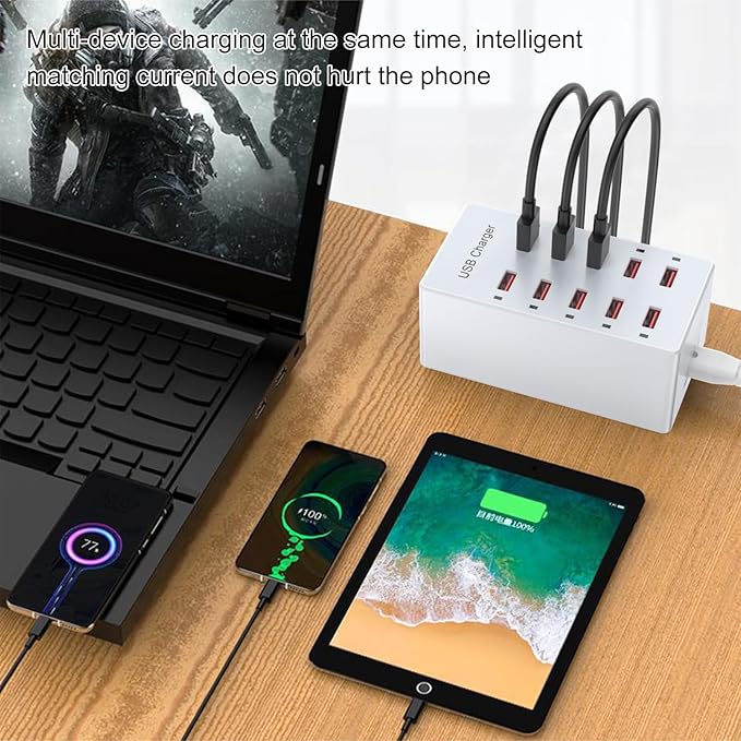 USB Charger 10-Ports Charging Station for Multiple Devices USB Wall Charger Power Hub Strip Smart Plug Charging Dock Block Compatible for iPhone Xs/XR,iPad,iPod,Smart Phones