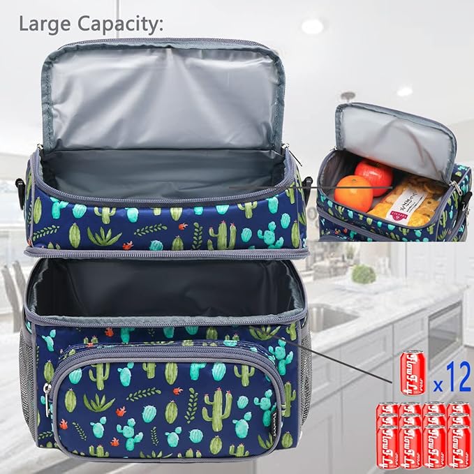 FlowFly Double Layer Cooler Insulated Lunch Bag Adult Lunch Box Large Tote Bag for Men, Women, With Adjustable Strap,Front Pocket and Dual Large Mesh Side Pockets