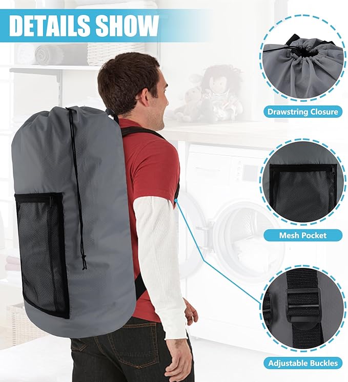 Laundry Bag Backpack, 2PCS Extra Large Travel Laundry Bag with Mesh Pocket & Adjustable Shoulder Straps,Dirty Clothes Travel Bag for College Students Dorm,Apartment(Grey)