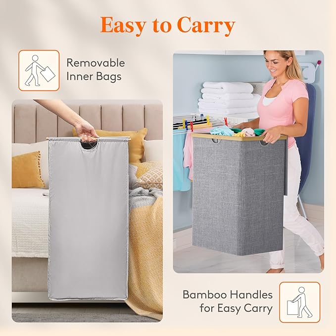 Lifewit 160L Double Laundry Hamper with Lid, Extra Large Bamboo Laundry Basket Dirty Clothes Hamper, 2 Section Laundry Bin Organizer for Laundry Room Bedroom with 2 Removable Liners & Bags, Gray