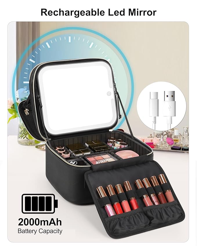 Relavel Makeup Bag with LED Mirror, Small Travel Makeup Case with Rechargeable Lighted Mirror 3 Color Lights, Double Layer Cosmetic Box Makeup Brush Lipstick Holder Organizer for Women, Black