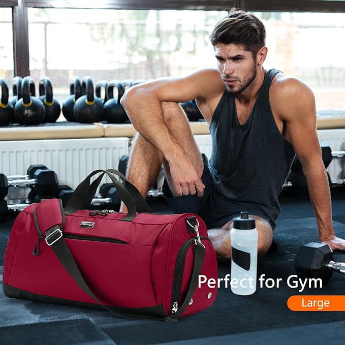 TOPDesign Gym Bag for Women & Men, Unisex Duffel Bag with Shoe Compartment & Wet Pocket for Travel Sports Gym (M Red)