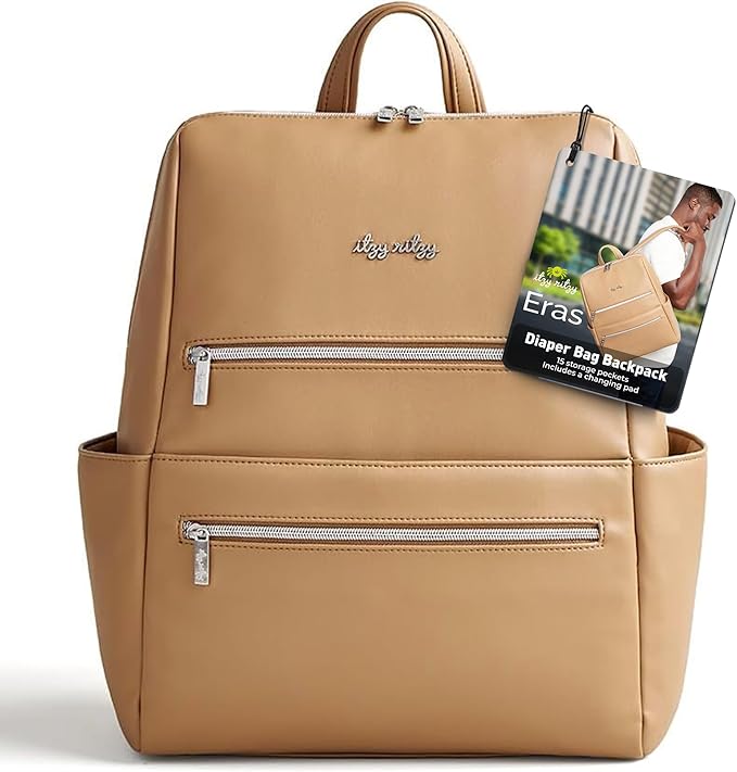 Itzy Ritzy Eras Diaper Bag Backpack – Large Capacity Backpack Diaper Bag Featuring Sleek Design, 15 Pockets, Changing Pad, Stroller Straps, and Luggage Sleeve (Chai)