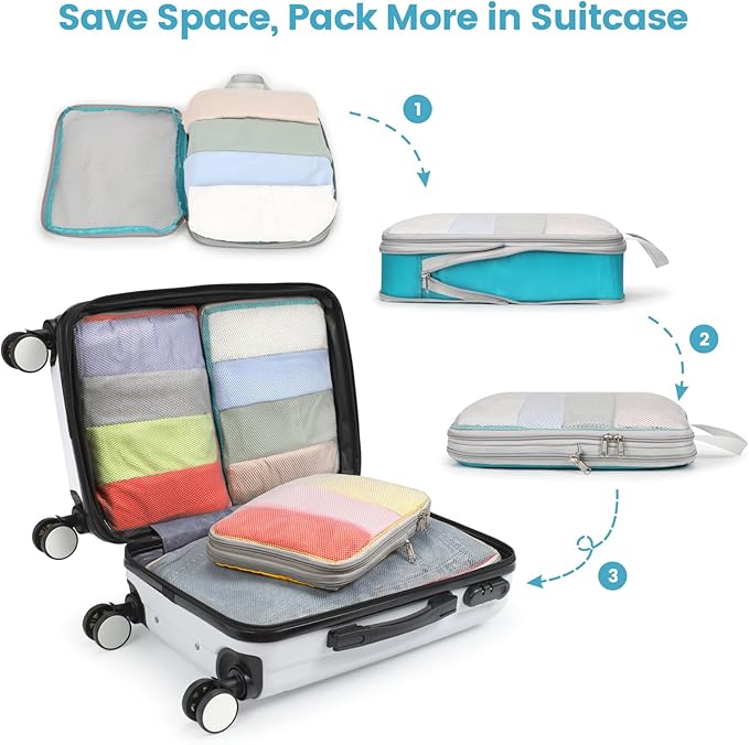 Cambond Compression Packing Cubes for Travel - 5 Set Multi-color See Through Mesh Compression Cubes for Travel Essentials, Space Saving Luggage Packing Organizers Bags for Carry on Suitcases
