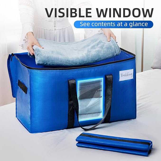 TAILI Extra Large Moving Bags, 6 Pack Blue Heavy Duty Totes For Storage with Visible Window, Wrap Around Handles, Storage Bags for Space Saving, Alternative to Moving Boxes
