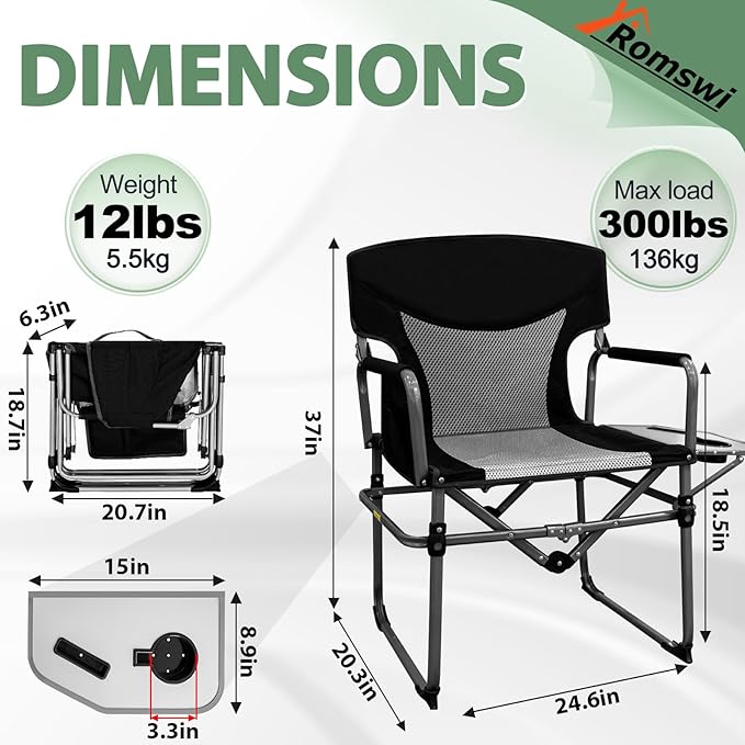 Romswi Director Chairs for Outdoor, Folding Camping Chair, Compact Directors Chair Side Table and Side Bag, Heavy Duty Oversize Seat for Beach Fishing Picnic Chairs, Holds up to 300 lbs Black 2 Pcs