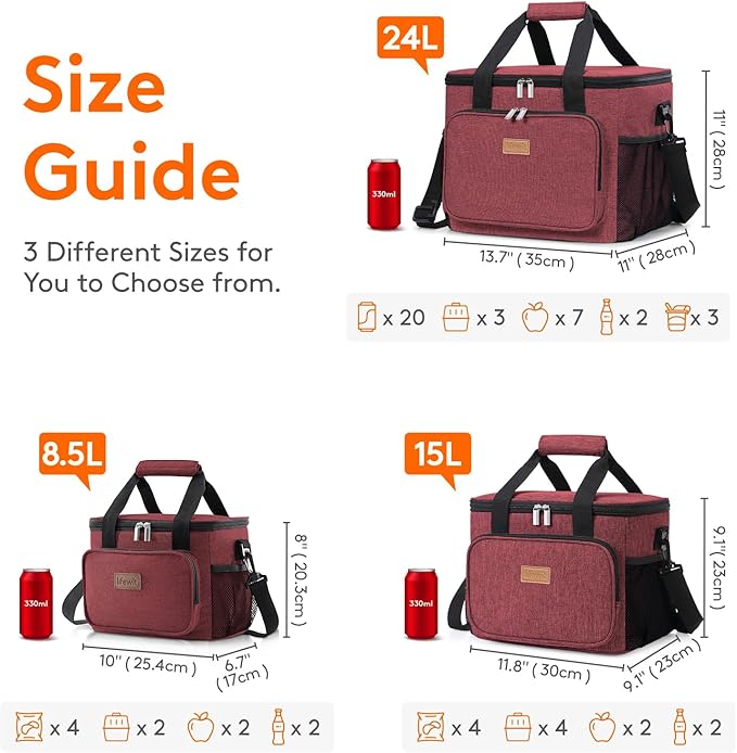 Lifewit Large Lunch Bag Insulated Lunch Box Soft Cooler Cooling Tote for Adult Men Women, Burgundy 24-Can (15L)