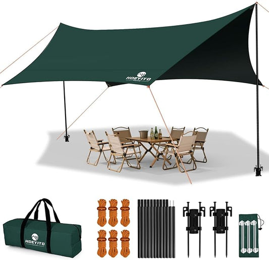 Camping Tarp with Poles & Retainer,15x12.5FT Large Waterproof 210D Oxford Cloth Camping Canopy, UV Blocking Rate 99.99% Tent Tarp Car Awning for Outdoor, Picnic, Hammock, Car, Backpacking(Green-Black)