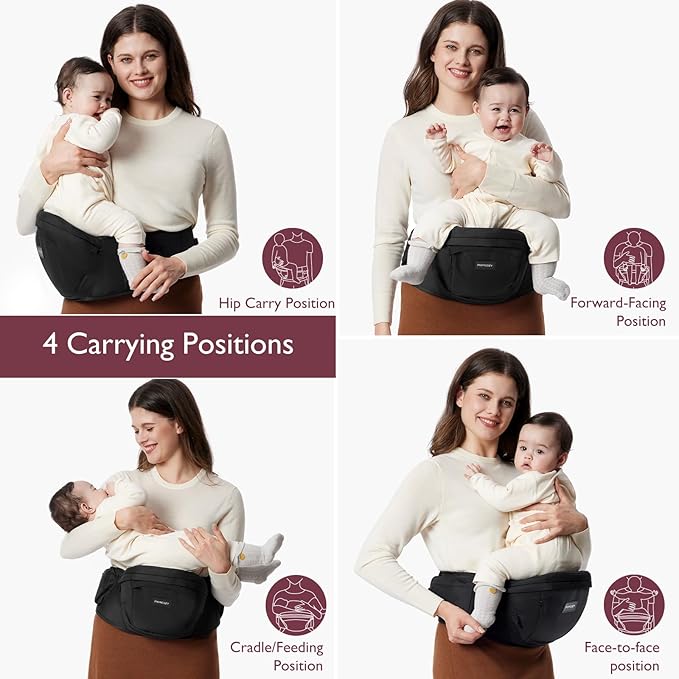 Momcozy Hip Seat Baby Carrier - Adjustable Waistband with Original 3D Belly Protector, Ergonomic Carrier with Various Pockets for Newborns & Toddlers up to 45lbs (Black, Medium)