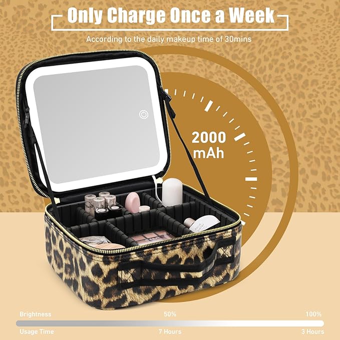 Makeup Bag with Light Up Mirror, Lighted Travel Makeup Organizer 3 Colors Adjustable Brightness, Makeup Bag with Mirror and Light, Travel Train Case Portable Cosmetic Bag for Women(Leopard)