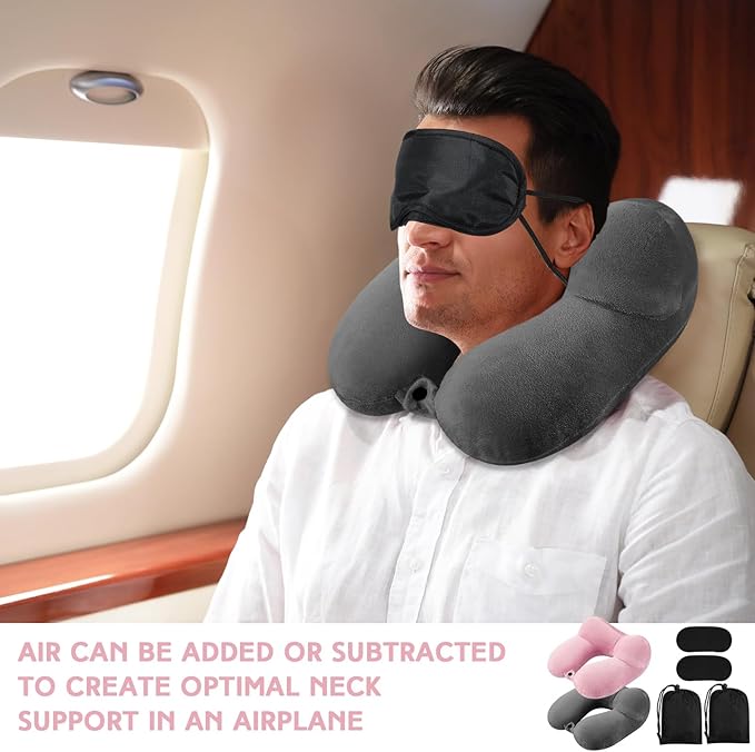 Sintuff 2 Pack Inflatable Travel Pillow for Airplanes Inflatable Neck Flight Pillows with Compact Bag and Blindfold for Traveling, Airplane, Train, Car, Office(Dark Gray and Light Pink)