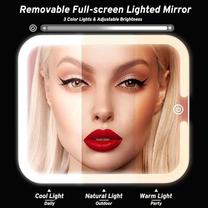 Makeup Bag with Magnetic Detachable Lighted Mirror 360° Swivel Angle, Travel Makeup Bag with Lights Portable Makeup Case Organizer with Mirror, Partition Cosmetic Bag Tools Accessories Train Case Gift