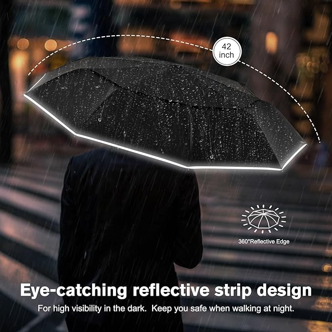 G4Free 42 Inch Eco Windproof Folding Umbrella for Rain & Sun 9 Ribs Wind Resistant Strong Fiberglass Double Canopy with Reflective Strip for Women Men Auto Open Close For Car & Backpack