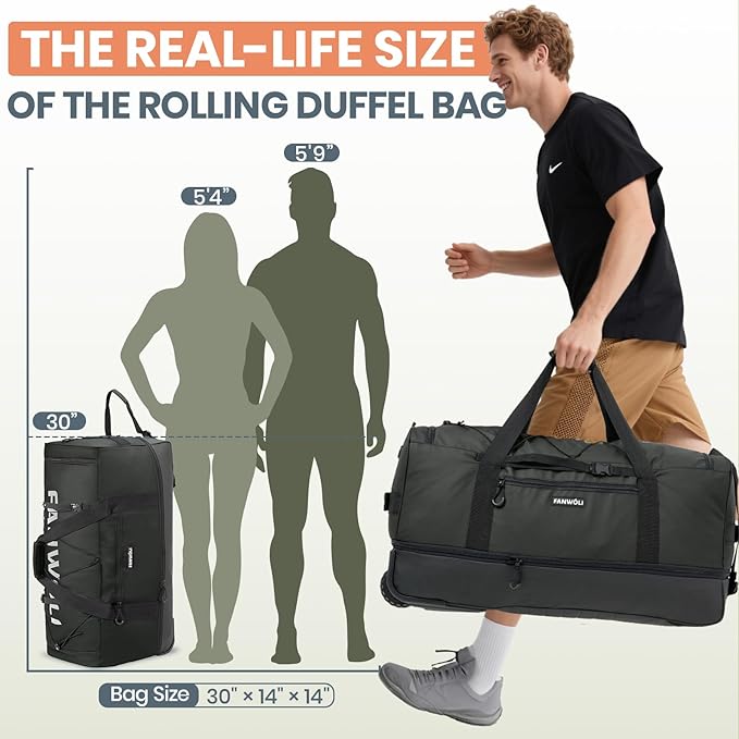 Fanwoli 30'' Rolling Duffel Bag with 2 Wheels - No-Sag Design for Heavy Loads, Expandable 100L-120L Luggage with Soft Handle & Lock, Waterproof Foldable Lightweight with for Travel, Camping,Moving
