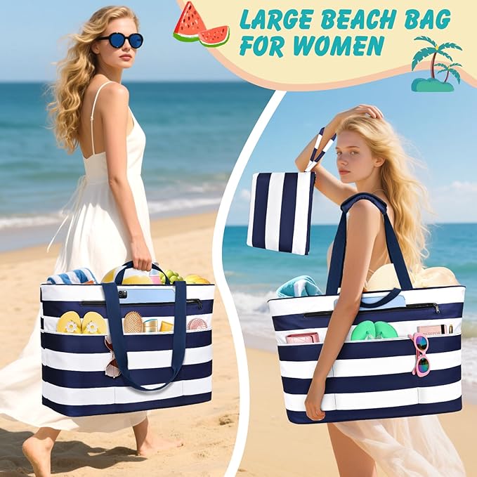 Extra Large Beach Bags for Women, Waterproof Sandproof Beach Tote Bag Zipper Foldable Swim Pool Bag with Wet Pocket
