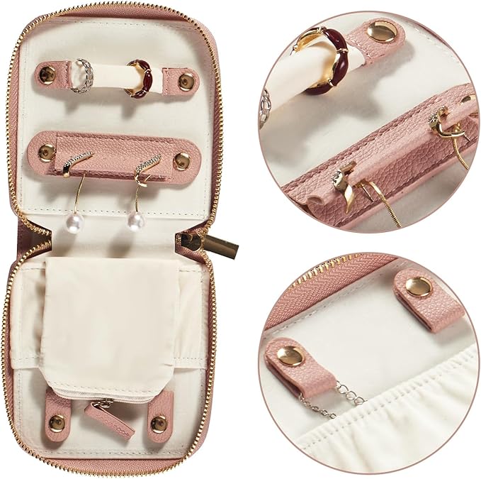 Travel Jewelry Organizer Case - for Tangle-Free Necklaces, Earrings, Rings, Bracelets Storage, Travel Essentials, Fashion Portable Jewelry Travel bags for Women - Small Macaron Pink