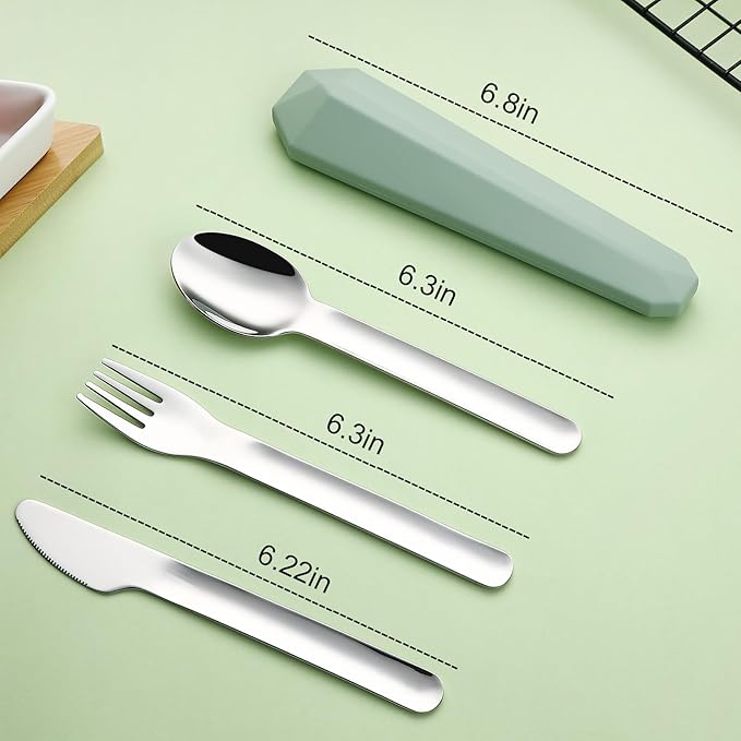 DEVICO Travel Utensils with Case, Reusable Camping Silverware Cutlery, 18/8 Stainless Steel Portable Fork Spoon Knife Set for Lunch Picnic School Workplace (Green)