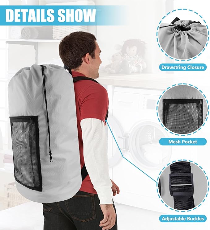 Laundry Bag Backpack, Extra Large Travel Laundry Bag with Mesh Pocket & Adjustable Shoulder Straps,Dirty Clothes Travel Bag for College Students Dorm,Apartment(Light Gray)