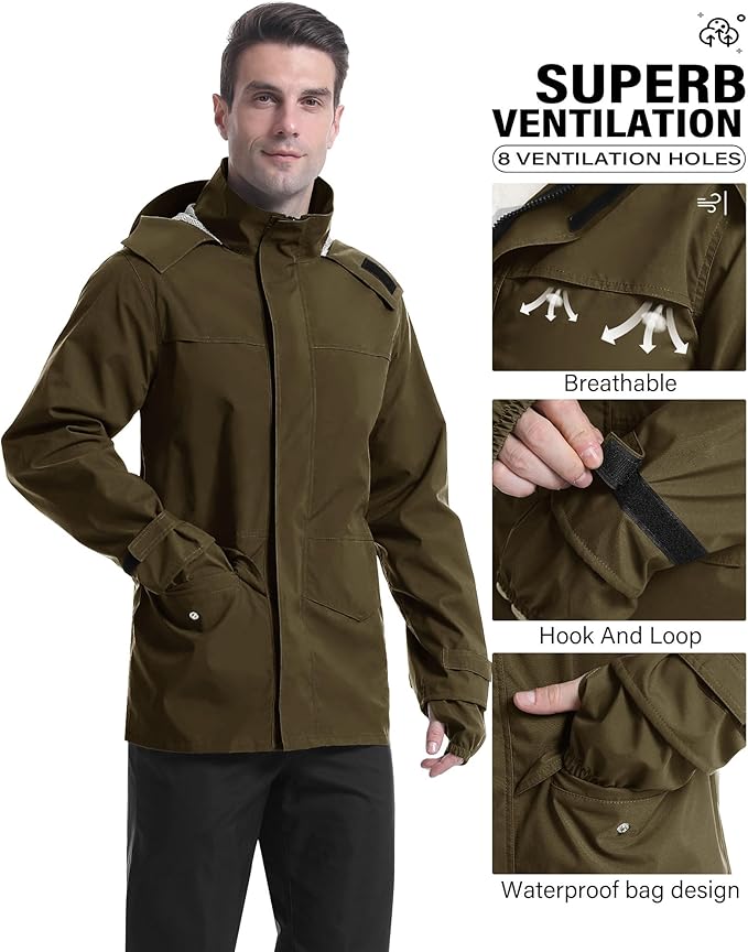 iCreek Rain Suit Waterproof Jacket with Pants 2 Pieces Breathable Lightweight Packable Raincoat with Hooded Rain Gear Unisex