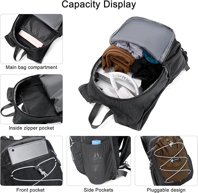 BOVIP 20L Hiking Backpack Lightweight Packable Hiking Daypack Small Travel Outdoor Foldable Shoulder Bag Black