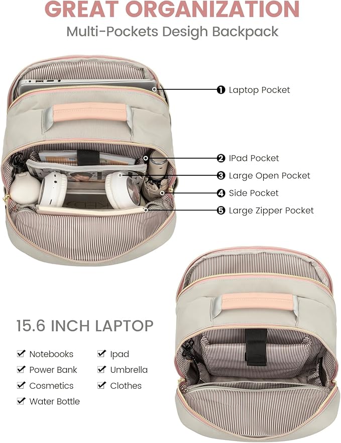 LOVEVOOK Laptop Backpack Purse for Women, Work Travel Computer Bags, College School Backpack for Student Girl, Quilted Casual Daypack with USB Port, Fit 15.6 Inch Laptop, Grey Pink