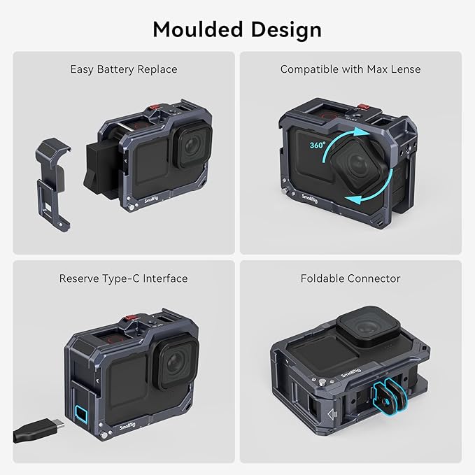 SMALLRIG Hero13 / Hero12 / Hero11 / Hero 10 / Hero 9 Black Cage for GoPro, Compatible with the Lens Filter Max Lens on Camera, with 2 Cold Shoe Mount for Microphone and Led Video Light - 3084C