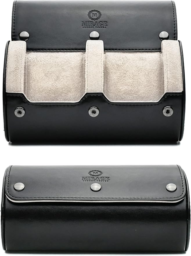 2 Watches Travel Case for Men - Mirage Watch Roll - Jade Black/Ivory White Vegan Leather