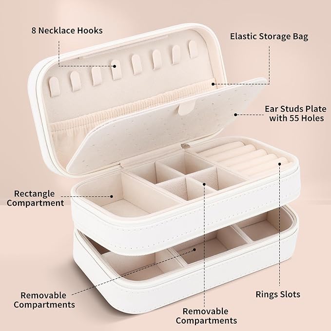 DesignSter Small Travel Jewelry Box with Double Zipper, 2 Layers PU Portable Jewelry Case for Women and Girls,Travel Jewelry Organizer for Rings, Earrings, Necklaces, Bracelets,Beige