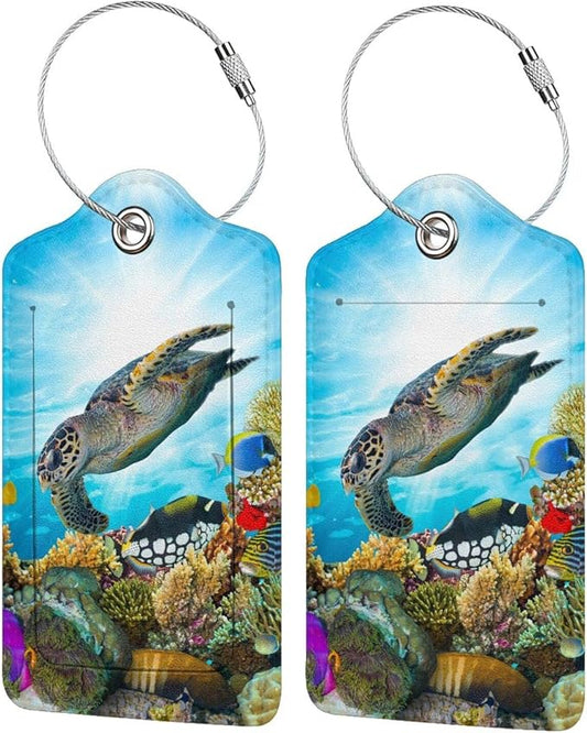 2 Pack Sea Turtle Luggage Tag for Suitcases, Cool Leather Suitcase Labels with Full Privacy Cover Id Name Card and Stainless Steel Loop, Funny Travel Identifiers Tags Luggage for Women Men Baggage