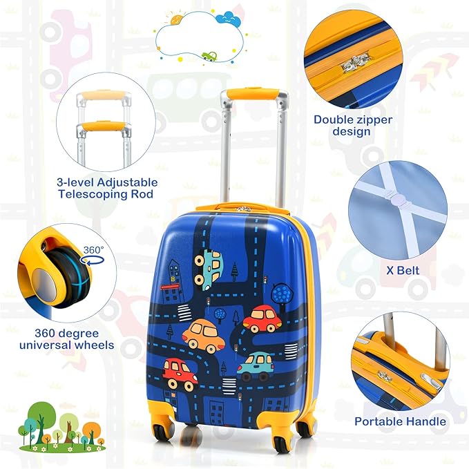 HONEY JOY Kids Luggage, 12" Toddler Backpack & 18" Travel Suitcase with Wheels, Lightweight Toddler Suitcase, Durable ABS Hardshell, 2Pcs Carry On Luggage Set for Boys Girls (Car)