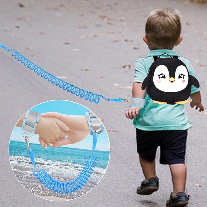 Accmor Toddler Harness Backpack Leash, Cute Penguin Kid Backpacks with Anti Lost Wrist Link, Mini Child Backpack Harness Leashes Walking Wristband Rope Travel Bag Harness Rein for Baby Girls (Black)