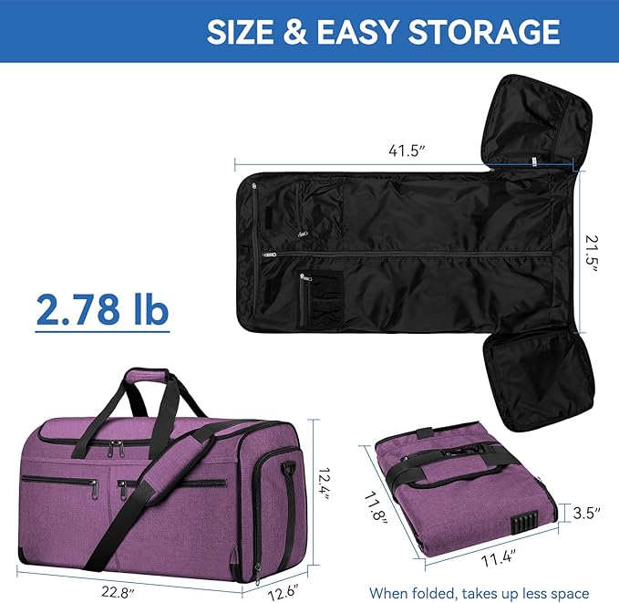 Large Garment Bag for Travel, Bukere Convertible Suit Travel Garment Duffel Bag for Women Business, Shoe Compartment, Detachable Shoulder Strap, 2 in 1 Hanging Suitcase Suit Travel Bags, Purple