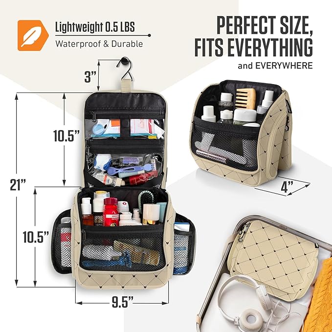 VENTURE 4TH Hanging Travel Toiletry Bag for Women & Men - Travel Organizer with Expandable Compartments & Removable Clear Pouch for Toiletries (Beige Diamonds)