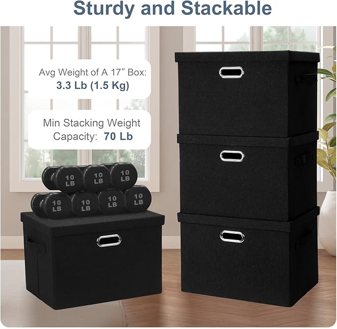 Large 17" 36 Quart Collapsible Stackable Storage Bins with Lids, 1 Pack Black Foldable Fabric Closet Storage Boxes with Lids, 4 Handles Heavy-duty Linen Cube Baskets for Bedroom