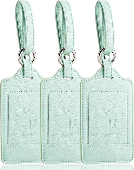 Teskyer Luggage Tags, 3 Pack Premium PU Leather Luggage Tags for Suitcases, Privacy Protection Travel Bag Tags, Lichee Light Green